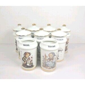 Vintage Collectible Lot of 9  MJ Hummel Porcelain Spice Jars 24K Trim Japan READ